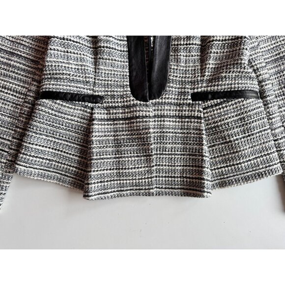 REBECCA TAYLOR Grey Striped Cotton Tweed Leather Trim Peplum Blazer, Size 6 - Picture 11 of 16